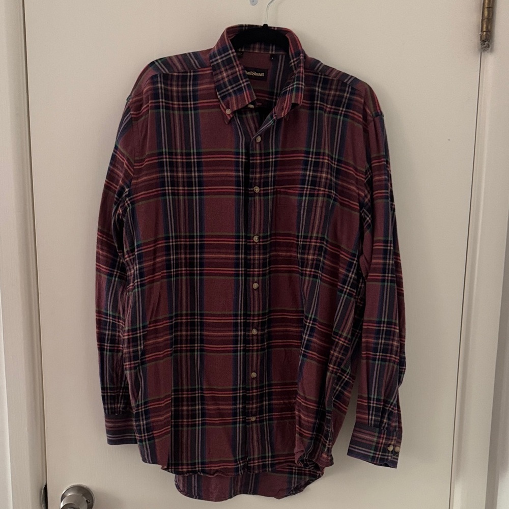 Paul Stuart Men's Casual Brushed Cotton Plaid Shirt in Red and Navy